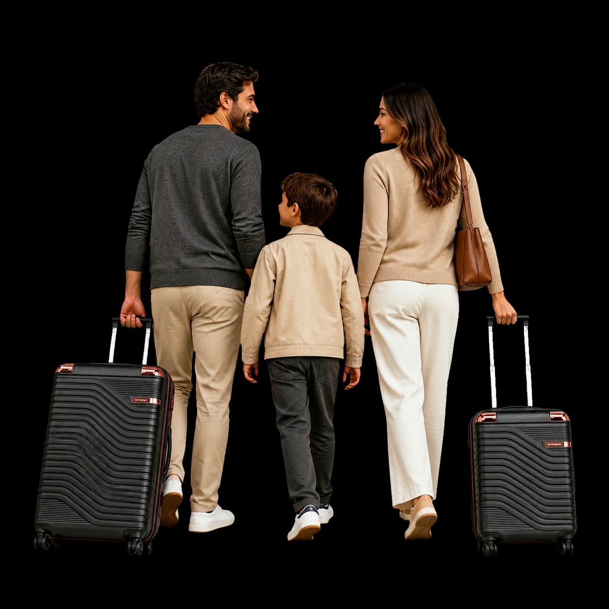Família viajando com malas Extranjero, incluindo o modelo EX604