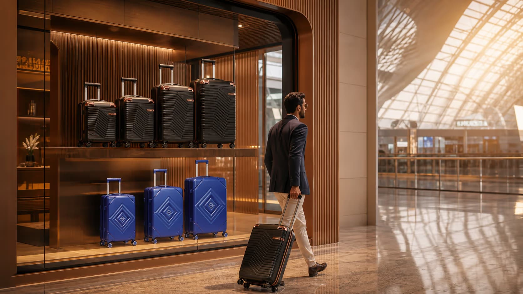 Vitrine Extranjero em um aeroporto moderno, com malas pretas e azuis e um viajante em movimento